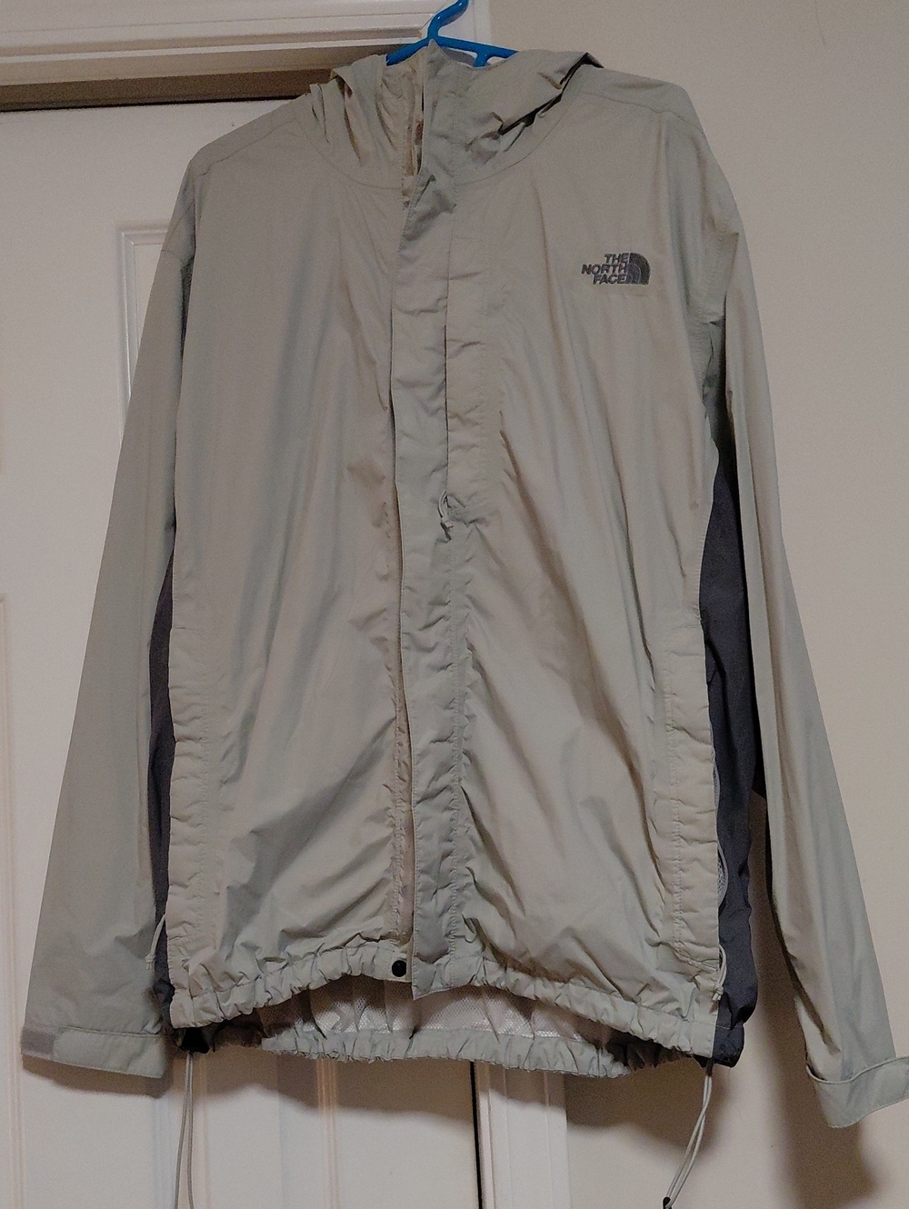 The North Face Men's Light Gray Hooded Raincoat with Dark Gray Panels